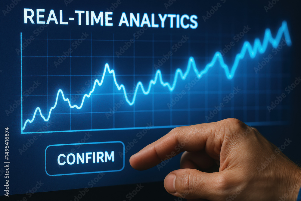 Aufkleber a hand interacts with a dashboard illustrating growth and real-time analytics emphasizing strategic 