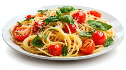 vibrant pasta dish with juicy cherry tomatoes, basil, and parmesan, elegantly plated on a white dish with a minimalist white background to enhance the food's colors.