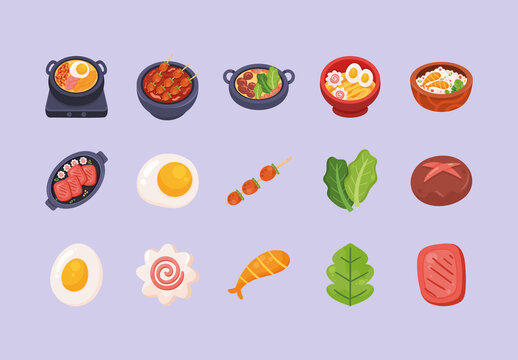 Red And Yellow Korean Ramen Sushi Ingredients Cooking Illustrations Set