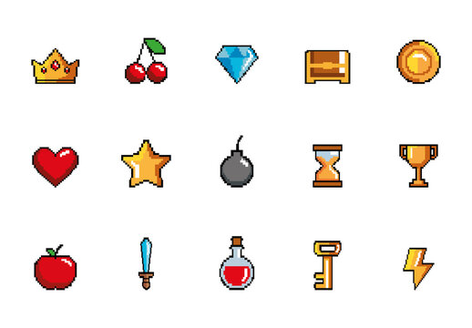 Red And Yellow Pixel Crown Sword Key Star Game Icons Set