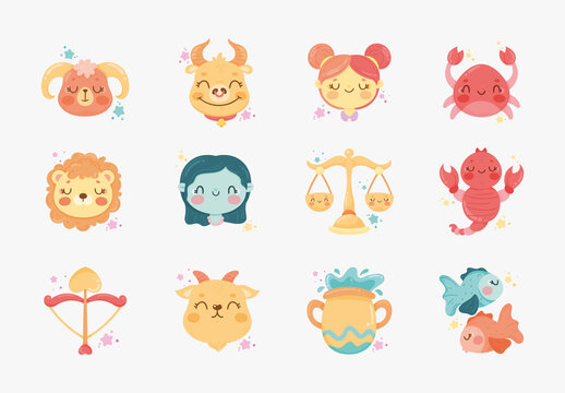 Pink And Yellow Zodiac Cute Horoscope Astrology Cartoon Illustrations Set