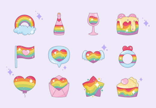 Pink And Yellow Wedding Rainbow Love Celebration Pride Icons Set