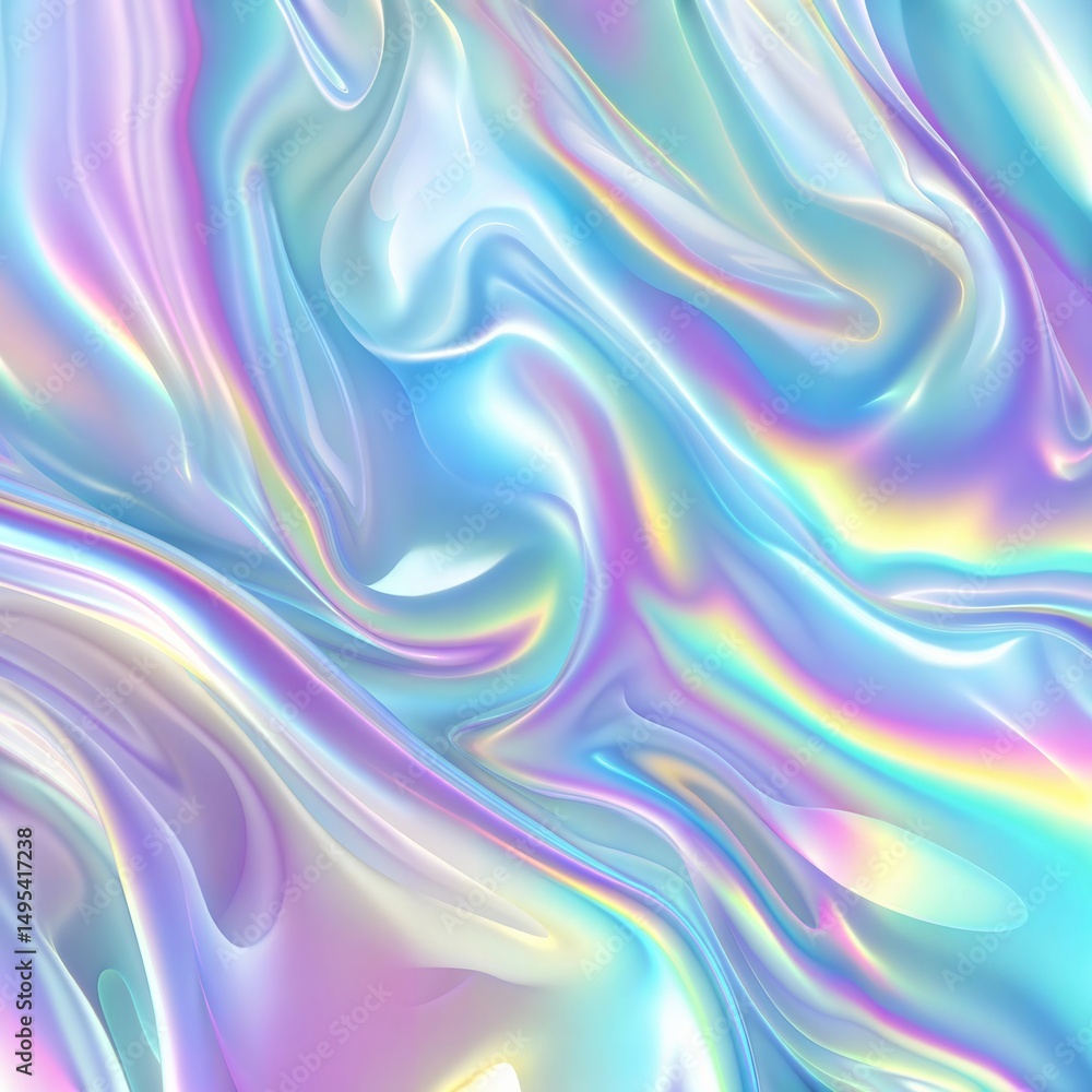 Poster iridescent holographic texture with flowing pastel colors and shimmering light reflections, abstract