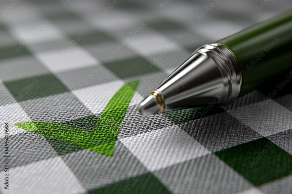 Poster Detailed checkmark on a patterned surface with a silver pen poised for writing in a brightly lit setting