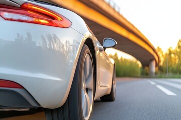 Obraz premium A convertible car driving in an urban environment, enhanced for high-resolution viewing.