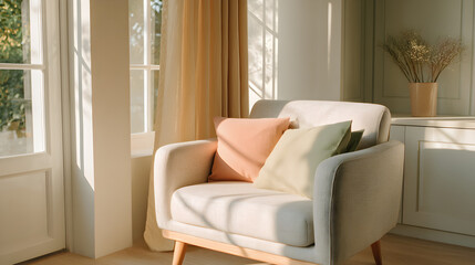 A soft gray linen armchair with pastel throw pillows, captured close-up near a white window with natural side light casting gentle shadows 78544621 2