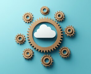 Wooden gears surrounding a cloud icon on a blue background, symbolizing cloud computing and data processing.