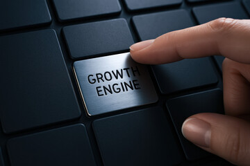 A close-up view shows a pressing a sleek metallic key symbolizing growth engine showcasing innovation and strategy for business success