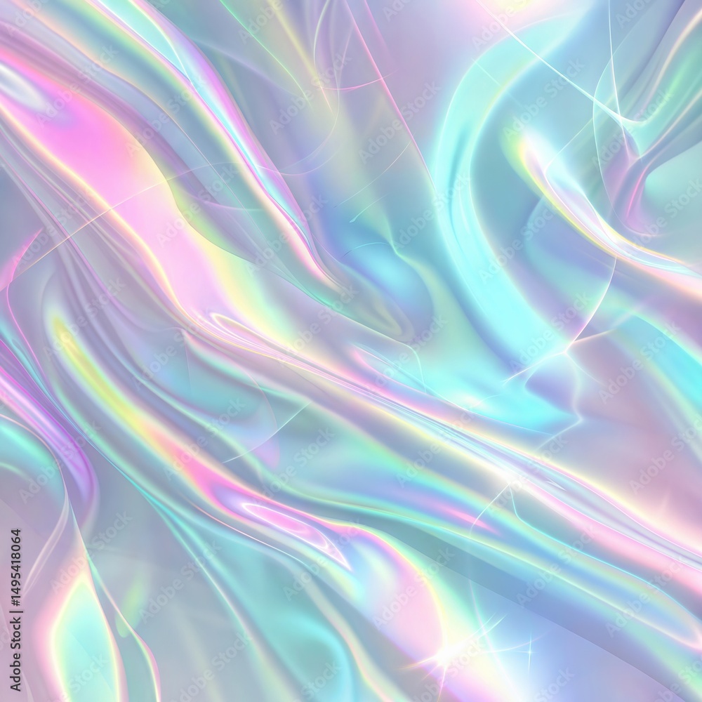 Poster iridescent holographic texture with flowing pastel colors and shimmering light reflections, abstract