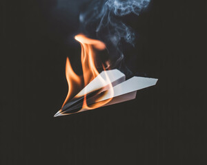 A photograph of a burning white paper airplane suspended mid-air against a solid black background