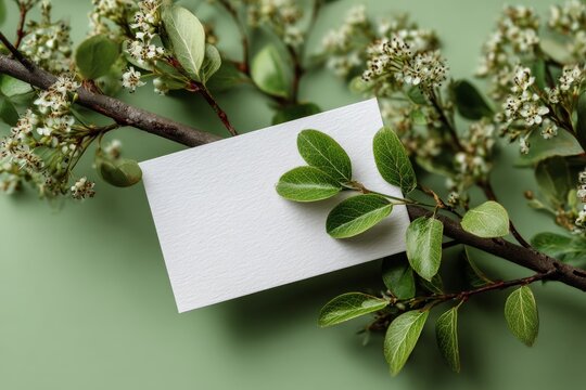 Blank card surrounded by green leaves and white flowers on a soft green background for invitations or messages