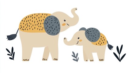 Obraz premium Mother and baby elephant playful interaction, nature background, children's illustration