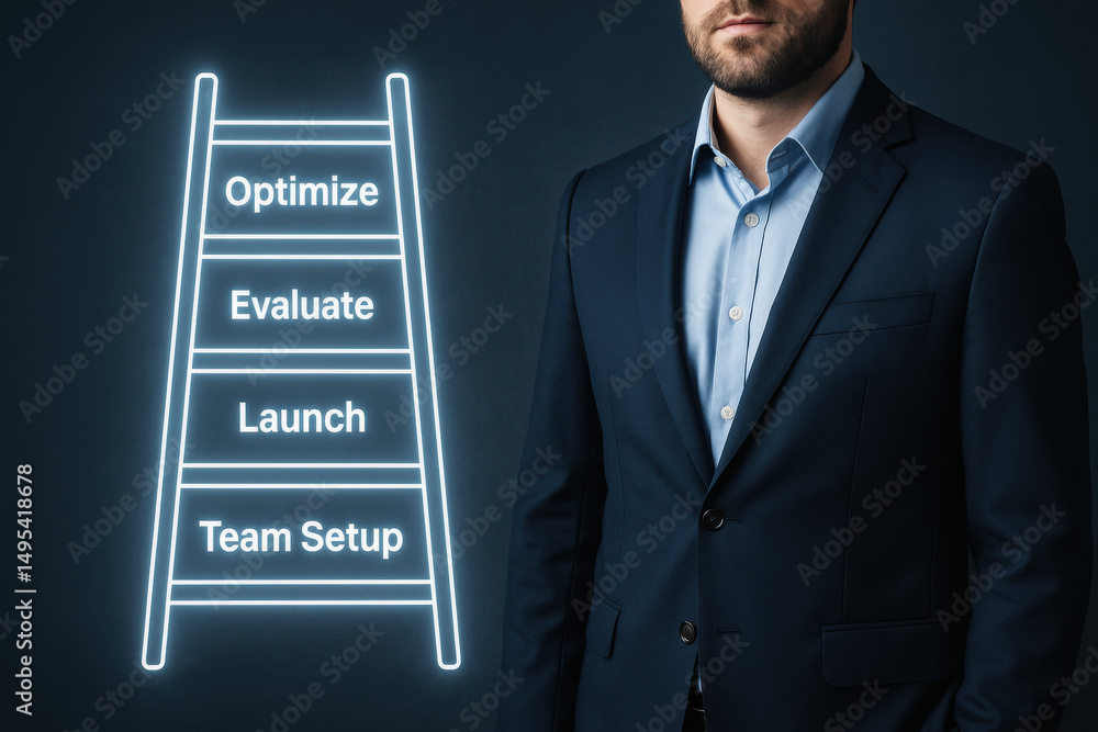 Poster a business professional emphasizes strategy and decision-making as key steps in the efficient launch