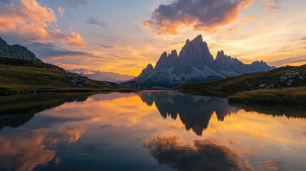vibrant South Tyrol sunrise, with soft golden light reflecting off the Laghi dei Piani lakes, while the dramatic peaks of Innichriedlknoten mountain stand silhouetted against the sky.