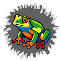 Colorful frog in layered paper cut shadow box style with splash background. Vibrant rainforest amphibian design with 3D depth effect.