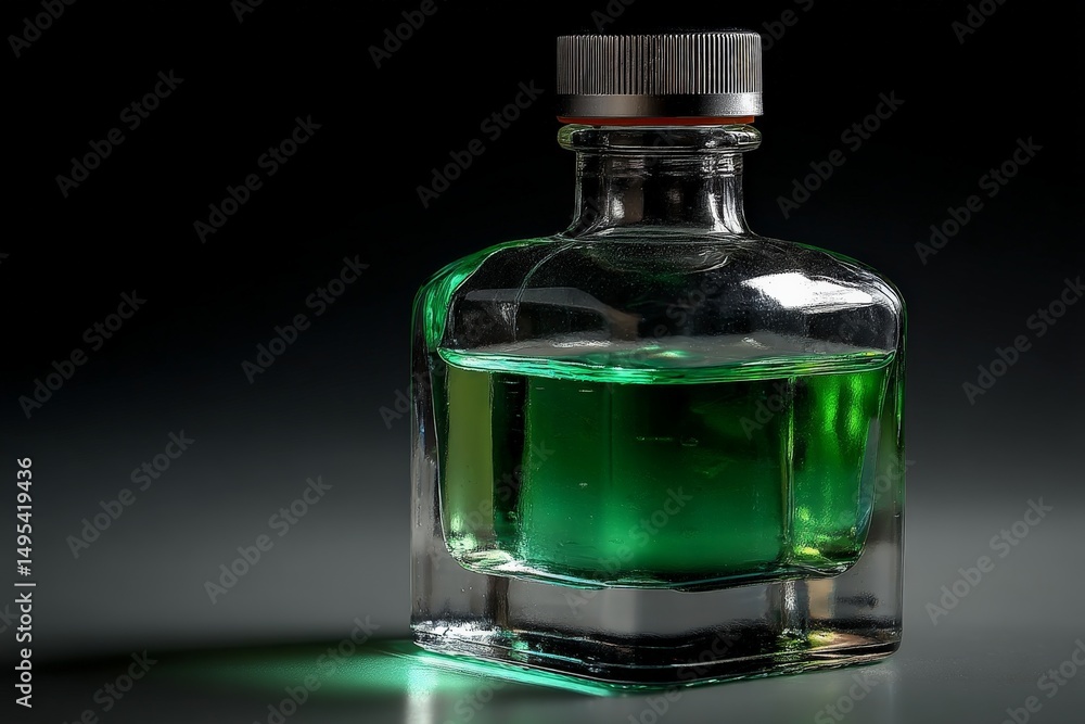 Poster glass bottle with green liquid illuminated against dark background in a creative studio setting
