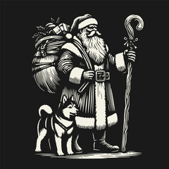 Vintage black and white linocut-style illustration of full-length Santa Claus with a sack. Hand-drawn, bold contrast, retro design, perfect for white-on-black holiday prints.
