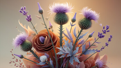 Muted earthy inks — terracotta, olive, rust — saturate beneath hand-drawn thistles, lavender, and milkweed, blending the organic and artistic.