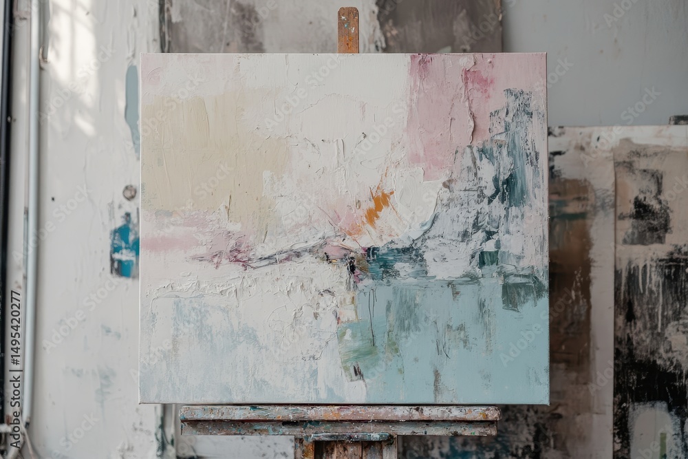 Poster square canvas with abstract pastel colors rests on an easel in a studio. use it for backgrounds or a