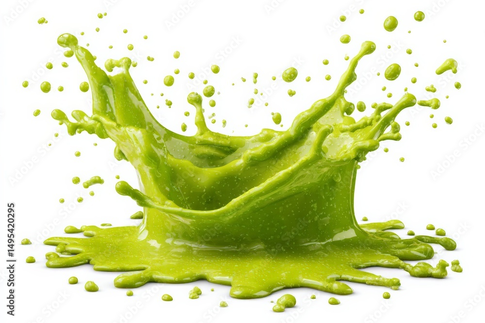 Poster bright green liquid splash captured in high detail with droplets flying in an artistic display