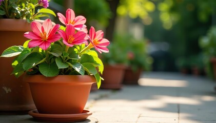 Vibrant blooms in terracotta pot, sunlit patio, plants, container gardening, home