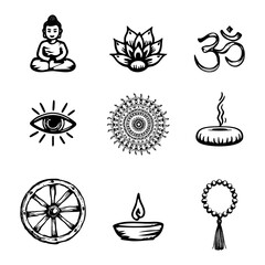 Set of 9 black and white spiritual hand drawn doodle icons including Buddha, lotus, Om, mandala, Dharma wheel and more. Ideal for wellness apps, yoga flyers, or spiritual branding. Vector art.