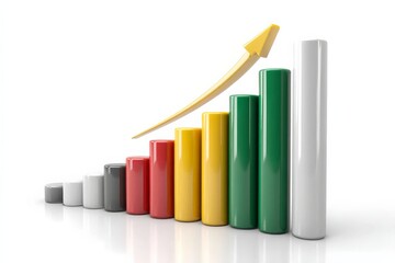 Growth chart illustrating increasing data trends with distinct colored bars and an upward arrow