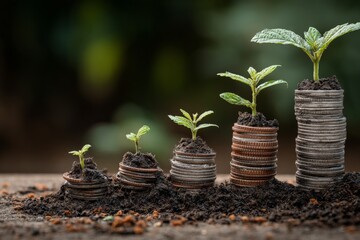 Growth of plants from coins demonstrates investment in nature and sustainable practices in a natural setting