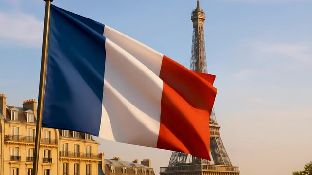 Waving french flag fluttering near iconic eiffel tower, symbolizing french national pride, cultural heritage, and historical significance against parisian skyline