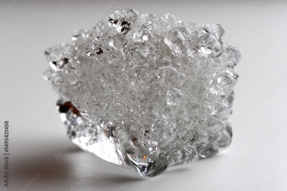 Poster Unique transparent crystal formation with bubble-like texture displayed on a light surface