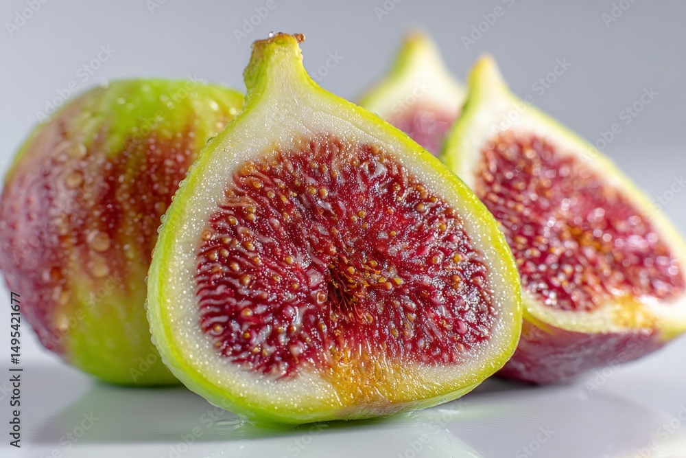 Poster freshly sliced figs revealing vibrant pink flesh and intricate seed patterns on a light background