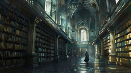 The interior of a vast library, its shelves reaching towards a high ceiling, filled with ancient books. A lone figure walks down an aisle, their silhouette cast by the soft light filtering in through 