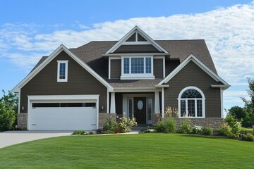 Facade of two story home with brown exteriors, green lawn and blue sky backdrop