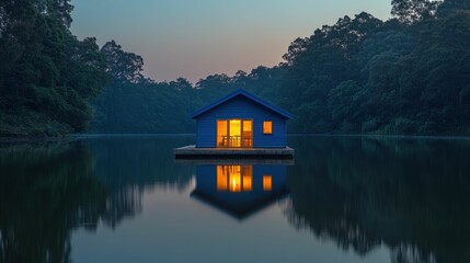 Obraz premium Tranquil blue houseboat on still lake at twilight