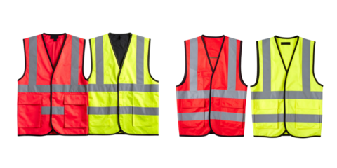  Two safety vest, one is red and the other yellow with reflective stripes on white background PNG