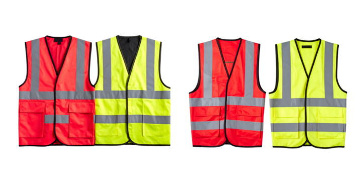  Two safety vest, one is red and the other yellow with reflective stripes on white background PNG