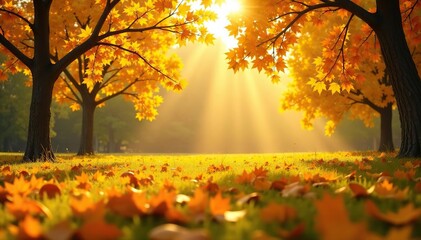 Sunlit yellow field with scattered fall leaves, leaves, background