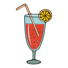 Illustration of vibrant red beverage in glass with bubbles, straw, and lemon slice garnish, isolated on transparent background. Colorful drink for menus, summer flyers or food blogs. Vector art