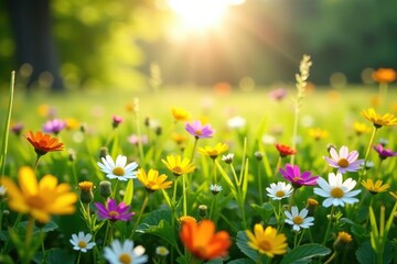 Vibrant wildflowers carpet a sun-drenched meadow , landscape, countryside, green