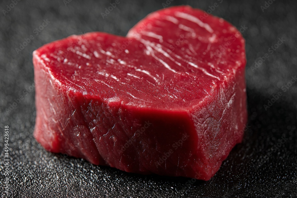 Aufkleber heart-shaped raw beef cut displayed on a black surface showcasing its rich color and texture, ideal 