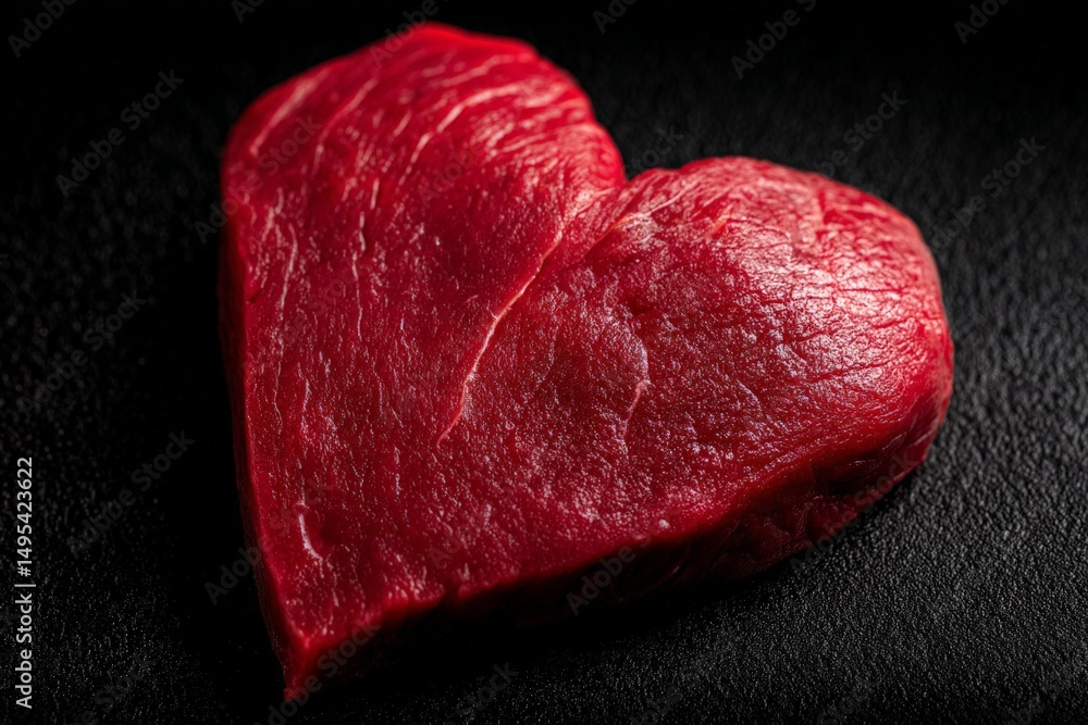 Poster heart-shaped piece of fresh meat resting on a dark surface showcasing vibrant color and texture