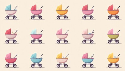 Pastel colored strollers, repeating pattern on light background, carriage, pastel