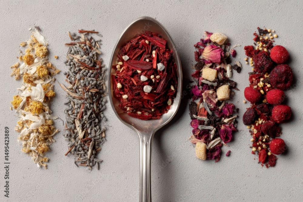 Poster collection of colorful herbs and spices arranged artistically on a grey background with a silver spo