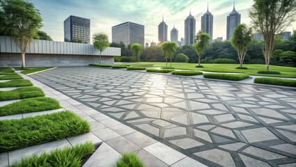 Obraz premium Modern Urban Park Pathway Design with Geometric Paving and Lush Green Landscaping Featuring a Skyline View at Sunset