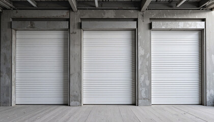 Three white roll-up garage doors against a concrete wall interior  