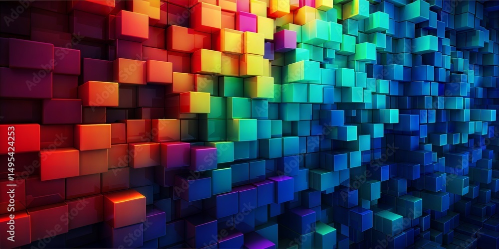 Poster colorful glowing cubes in abstract 3d space, vibrant neon grid structure on dark background, concept