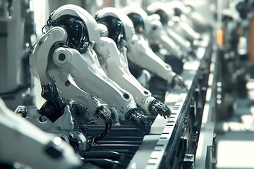 Robots working on assembly line in futuristic factory