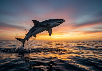 Shark breaches at sunrise, displaying ocean beauty; marine life, tourism photos