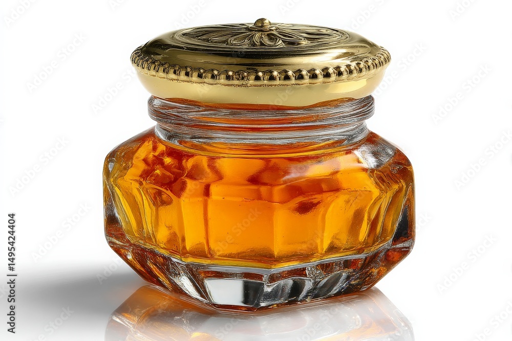 Poster glass jar filled with golden honey on a white background showcasing its rich color and texture