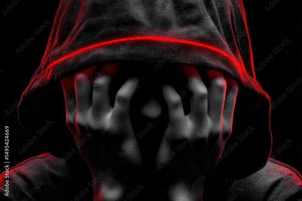 Aufkleber dark figure hiding face in shadows with glowing red outline during nighttime, creating an atmosphere